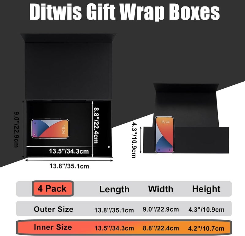 Ditwis 4 Pack 13.8x9x4.3 Inches Gift Boxes with Magnetic Closure Lids, Black Magnetic Box for Wedding, Groomsmen Bridesmaid Proposal, Birthdays, Mother's Day - Image 2